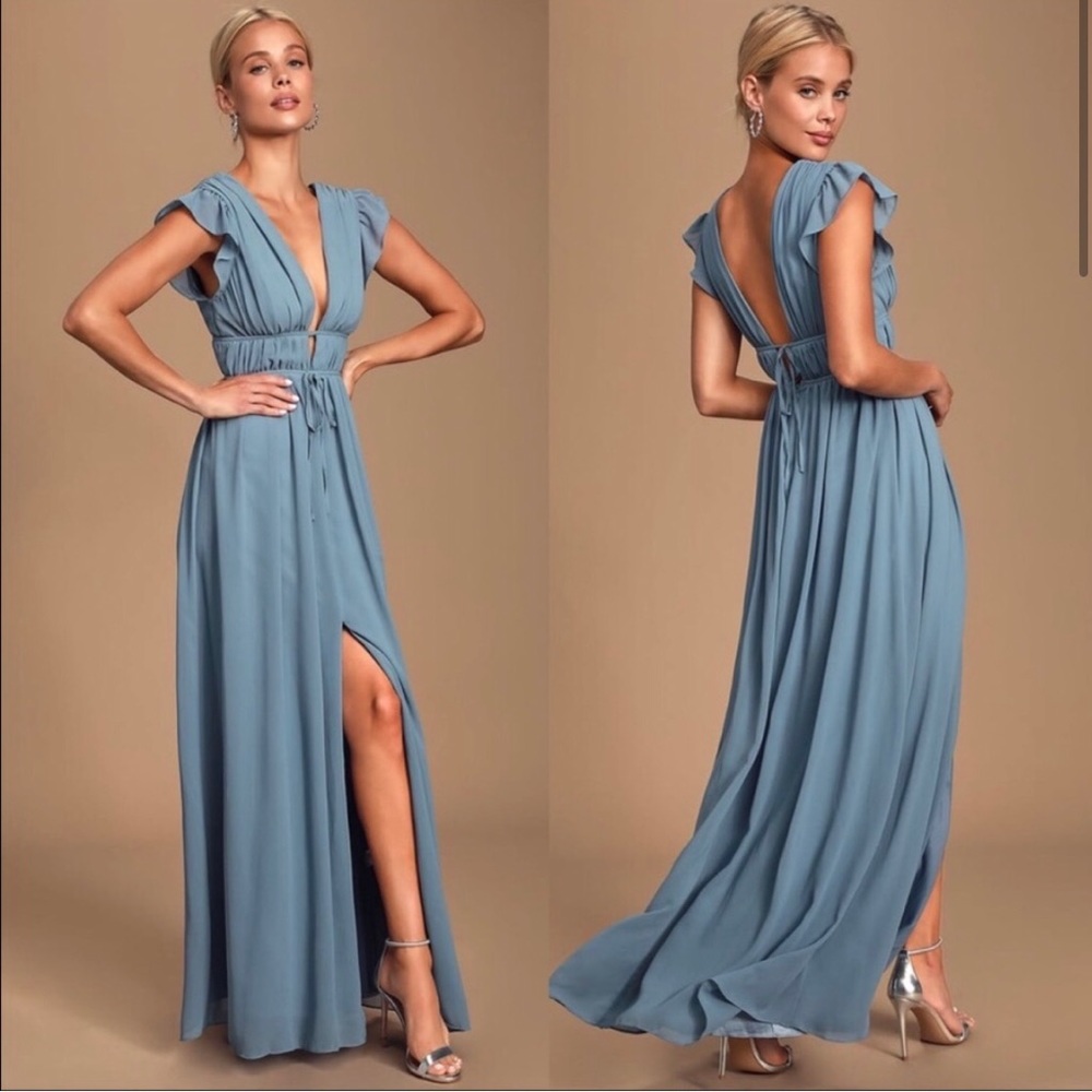 Lulu’s I'm All Yours Slate Blue Ruffled Maxi Dress. NWT